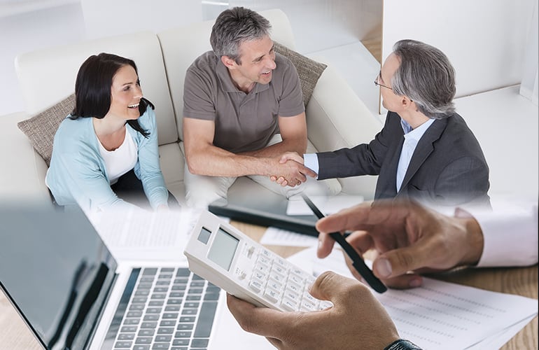 A combined image: a man and his wife meeting with an account, and a business man operating a calculator with a laptop computer in front of him